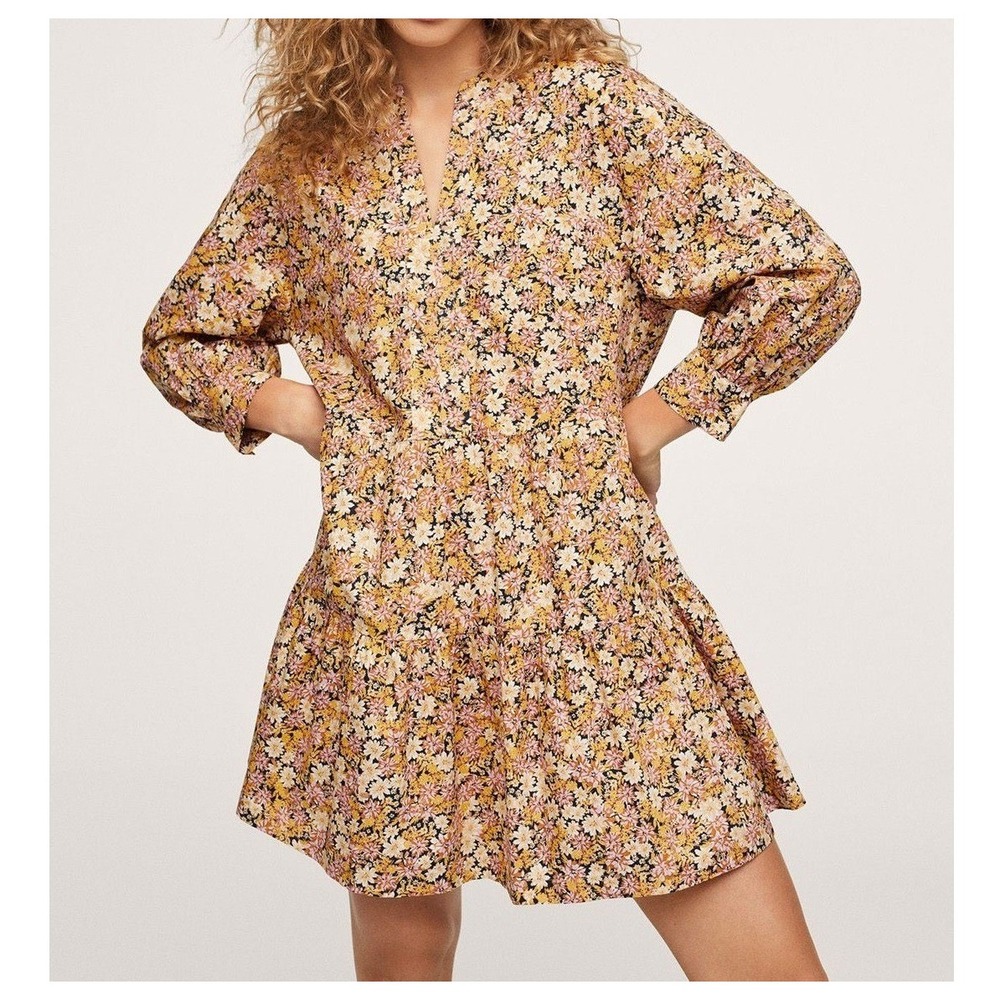 Mango Floral Mini Dress Size 10 Yellow Tiered Cotton Peasant Cottagecore Boho